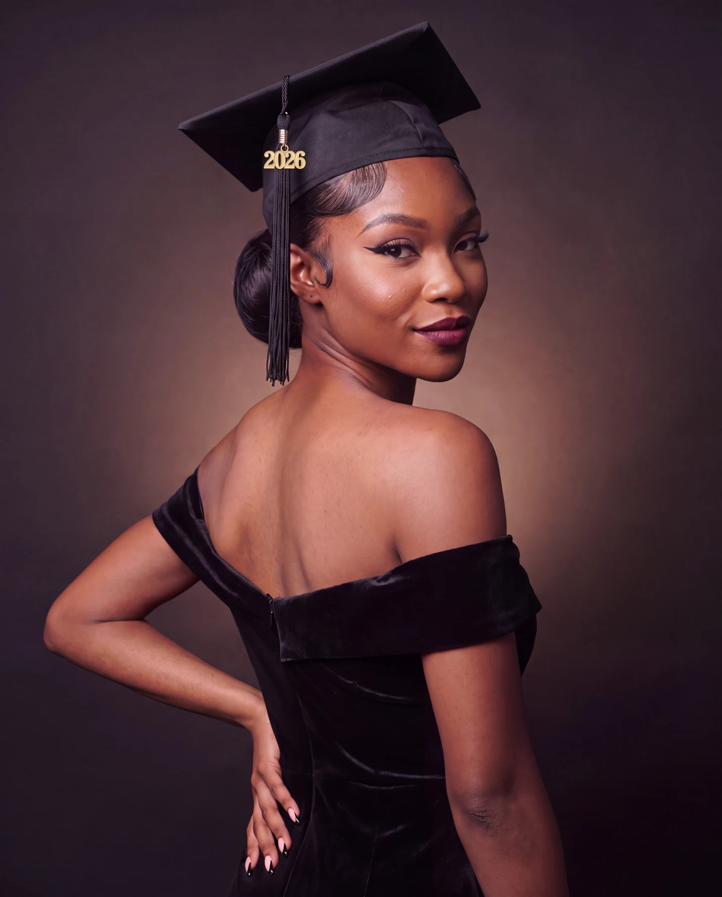 Graduate in a black cap against a warm studio backdrop